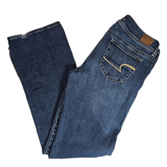 American Eagle Jeans Womens 8 Long Blue Slim Boot Stretch Distressed Denim -flaw - Picture 2 of 8